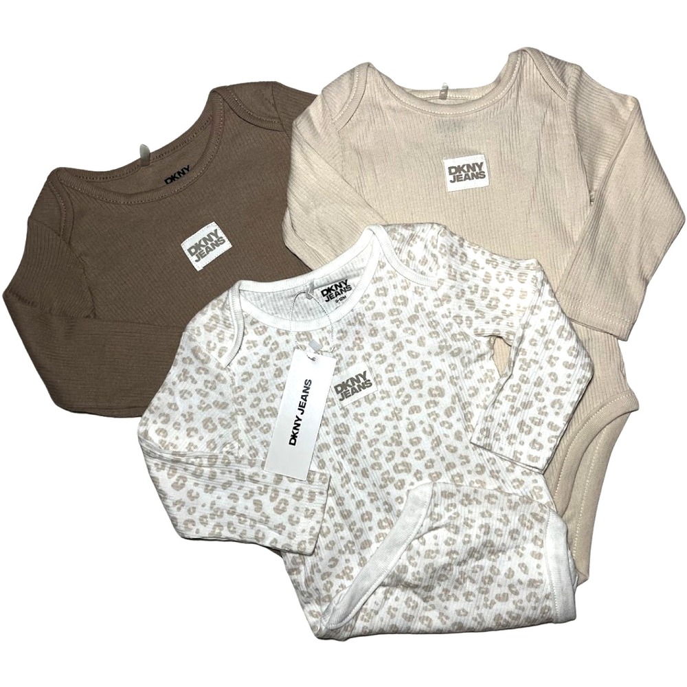 DKNY Baby Girl 12 18 Mos Long Sleeve Bodysuit Lot Brown Tan Leopard Cotton 3pc